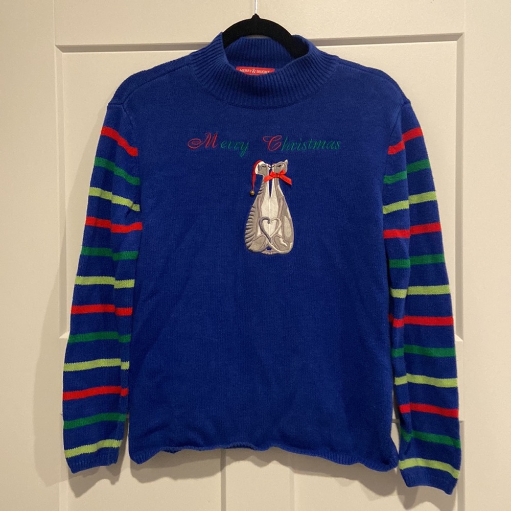 Cat Christmas Sweater Medium Petite merry & bright petites embroidered cat